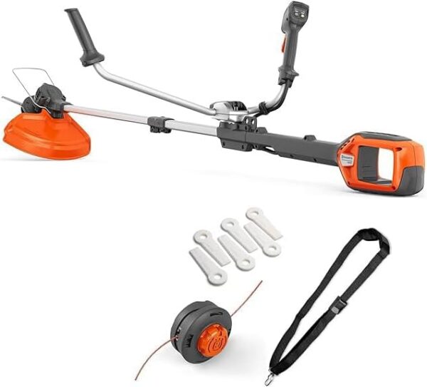 Akumulatorowa podkaszarka Husqvarna 220iR 36 V bez akumulatora i ładowarki, z silnikiem bezszczotkowym, trybem Boost, szerokością cięcia 36 cm, żyłką, plastikowymi nożami i szelkami do przenoszenia.