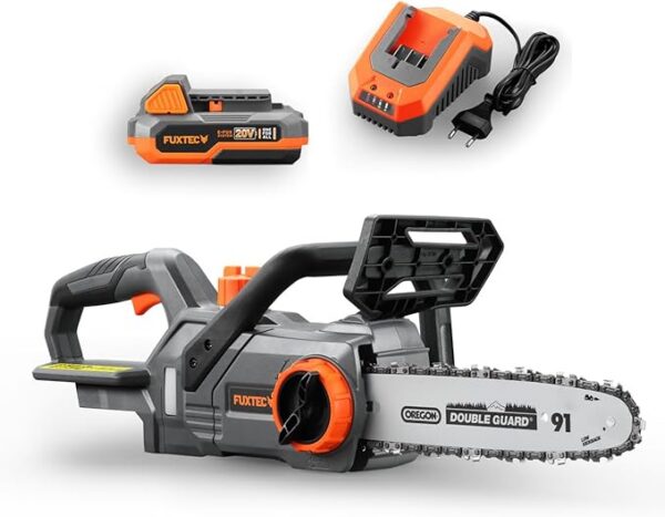 Akumulatorowa pilarka lancuchowa FUXTEC 20V FX-E1KS20 z akumulatorem 2Ah i ladowarka 2,4A - dlugosc prowadnicy 10", predkosc lancucha 5 m/s Do prac w drewnie i ogrodzie