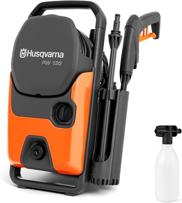 Husqvarna PW 130 myjka wysokociśnieniowa – 130 bar, natężenie przepływu 465 l/h, pompa metalowa, wąż 6 m, rozpylacz piany i dysze – kompaktowy elektryczny środek do czyszczenia strumieniem do