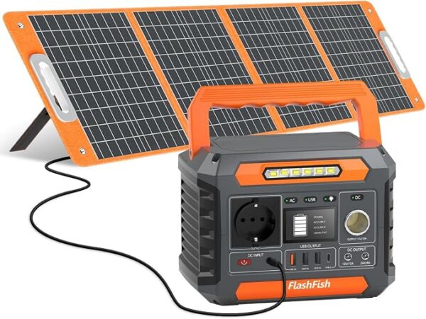 FlashFish przenośna stacja zasilająca 144,3 Wh z panelem słonecznym 100 W, 200 W generator solarny z 230 V AC/DC/USB/typ C/LED, generator prądu, akumulator na kemping, podróż, prąd awaryjny